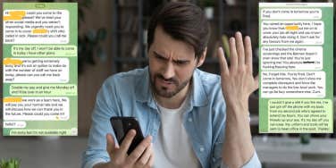 man upset while on phone, texts between manager and employee