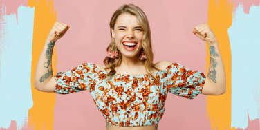 Woman smiling and strongly enforcing boundaries on a bright background