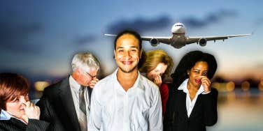 airplane and people holding their nose around smelly person