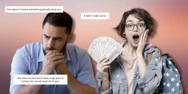Man disappointed, woman holding money