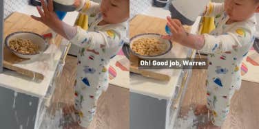Toddler failing to pour milk into a bowl of cereal