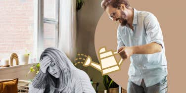 Man watering woman, who won't water herself