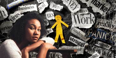 Woman surrounded by her overwhelming thoughts