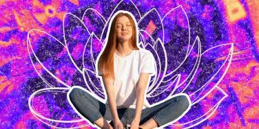 Woman in a chaotic vortex, in meditative pose