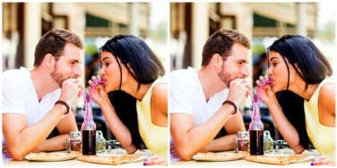 man and woman sharing a soda on a date