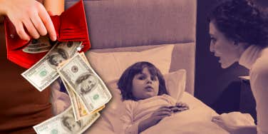 A photo of money falling out of a wallet is superimposed over a woman caring for a child in bed.