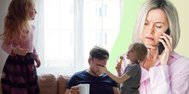 upset woman on the phone and dad with two kids