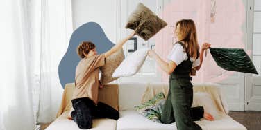 Siblings in a pillow fight