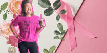 Author with her breast cancer awareness shirts