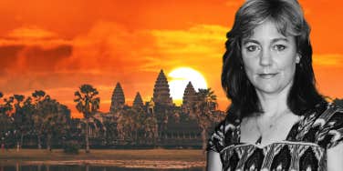 Depiction of Author in Cambodia behind a fire sunset