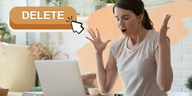 Woman upset near her computer with her hands tossed in the air