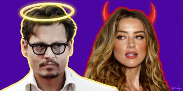 Johnny Depp with halo, Amber Heard with devil horns