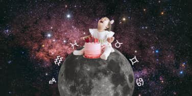 baby with cake sitting on the moon, zodiac sign symbols