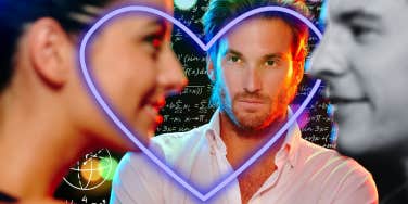 man and woman gaze into each other's eyes while another man stares at the woman, there are math equations in the background