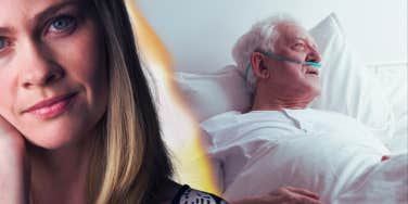 Old man in bed sick with woman in front staring seriously 