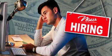 Man looking at computer with a now hiring sign and money in the background