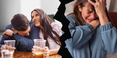 Couple laughing and woman crying alone