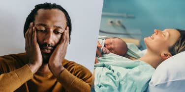 unhappy black man touching face on light background, mom holding newborn while laying on hospital bed
