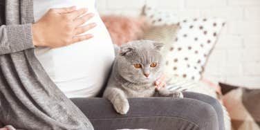 pregnant woman, petting cat 
