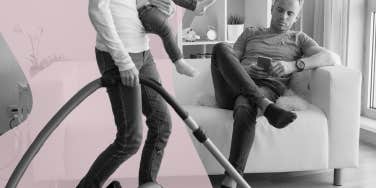 Man sitting on couch while spouse vacuums 