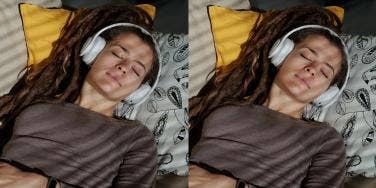 woman listening to meditation podcast