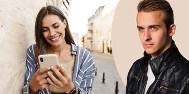 Woman on her smart phone and man who looks annoyed 