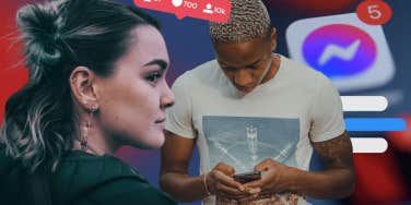 woman looking over shoulder, man texting, social media notifications