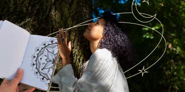 A woman touching a tree, journaling