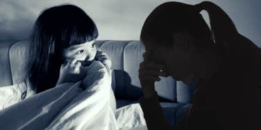 Scared child and upset mother