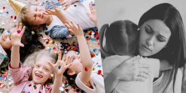 children laying on floor while at a birthday party, worried mom comforting young daughter