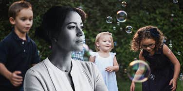 thinking woman and kids playing