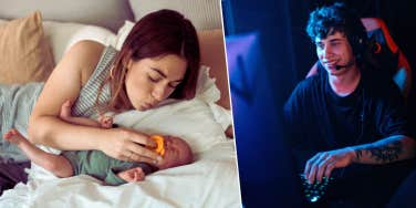 Mom and newborn, man playing video games