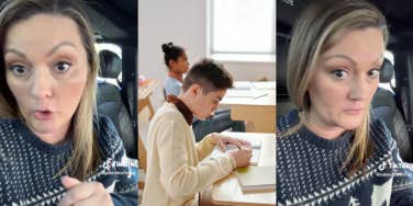 Mom drives to son's school to punish him, boy writing in his notebook while sitting at a desk at school