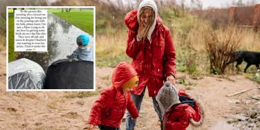 Gemma McCaw's Instagram story, mom and kids in the rain