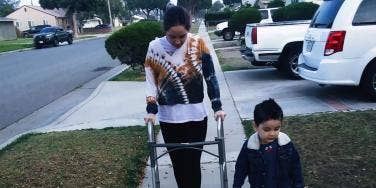 mother and son walking