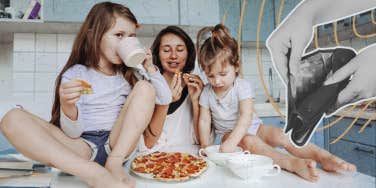 Woman sitting on counter with her two daughters eating frozen pizza 