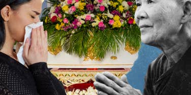 Woman crying at Buddhist funeral