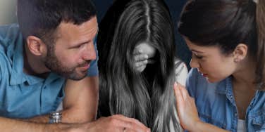 Woman in depths of sadness surrounded by people who care about her