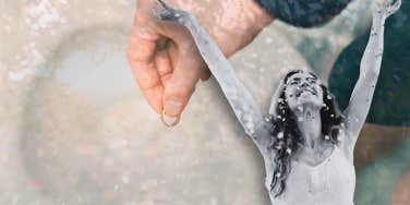 Woman flushing her wedding ring and celebrating separation