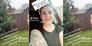Two screenshots from Katelyn's TikTok, with one showing the neighbor arguing with her mother over the fence, and another showing her speaking to the camera in her car.