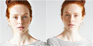 doubled image of a redhead looking serious