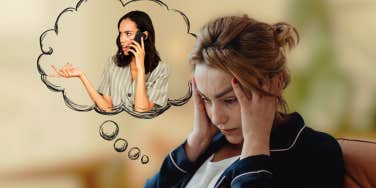 Girl stressing thinking about listening to friend 