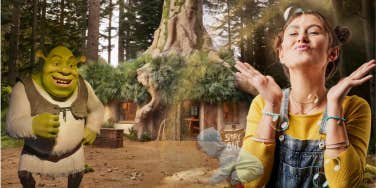 Woman channeling her inner child at Shrek Home airbnb