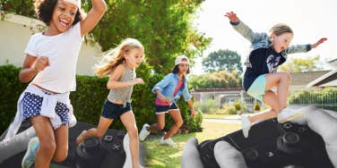 Kids jumping over controllers while playing outside