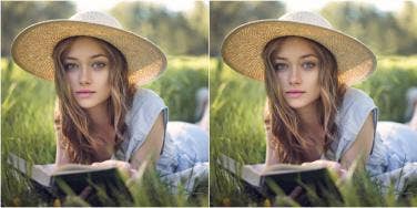 double image of woman reading a book on the grass