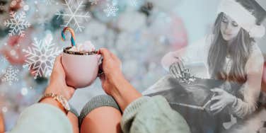 Woman holding cocoa in front of the Christmas tree, wrapping presents
