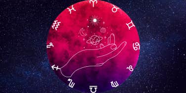 zodiac signs and hand holding planets