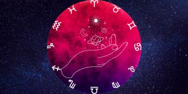 zodiac signs and hand holding planets