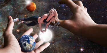 woman navigating outerspace