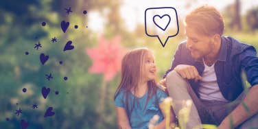 Dad and daughter talking and connecting in a field of flowers